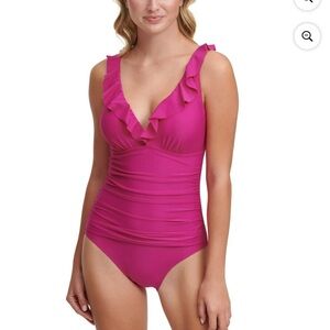 DKNY Plunge Ruffle Tummy Control Two Piece Swim Suit Wildberry Size XXL G15